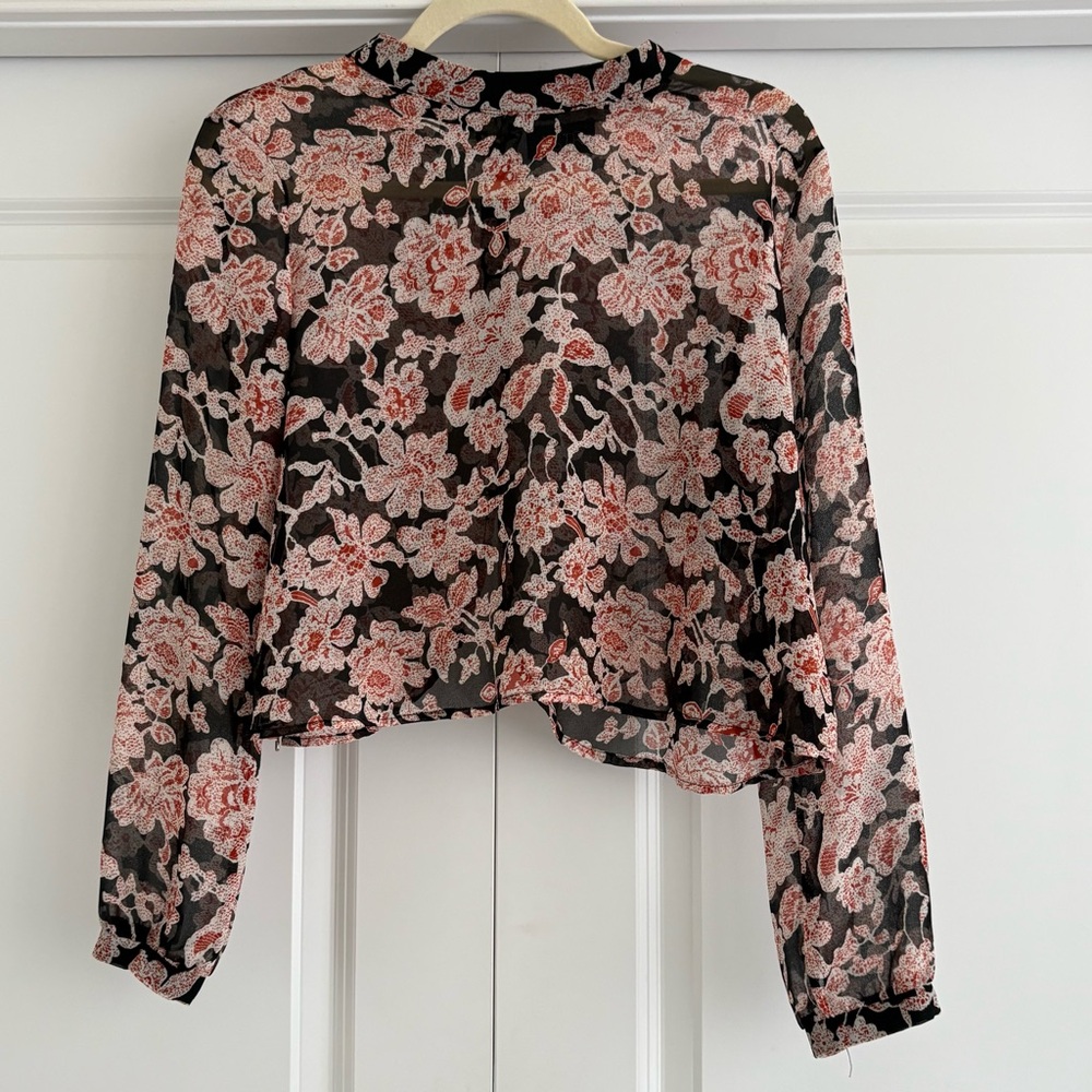 Astr Black and Rust Floral Semi Sheer Crop Blouse EUC